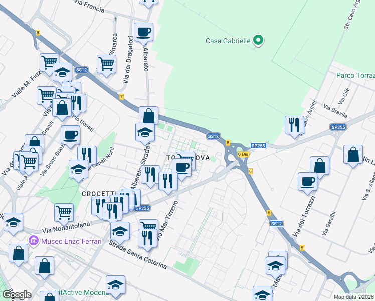 map of restaurants, bars, coffee shops, grocery stores, and more near in Modena