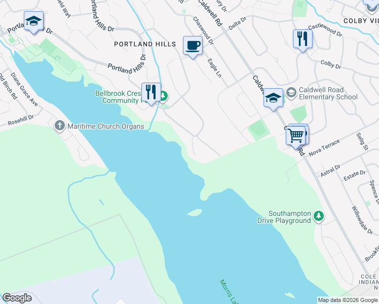 map of restaurants, bars, coffee shops, grocery stores, and more near 87 Pebble Creek Crescent in Dartmouth