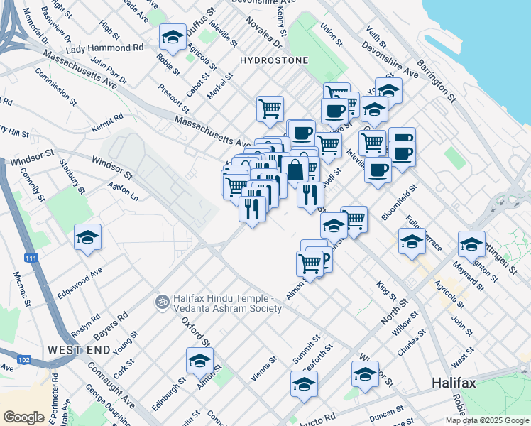 map of restaurants, bars, coffee shops, grocery stores, and more near 3016 Monaghan Drive in Halifax