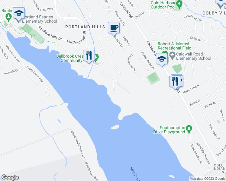 map of restaurants, bars, coffee shops, grocery stores, and more near 87 Dartmouth Crescent in Dartmouth