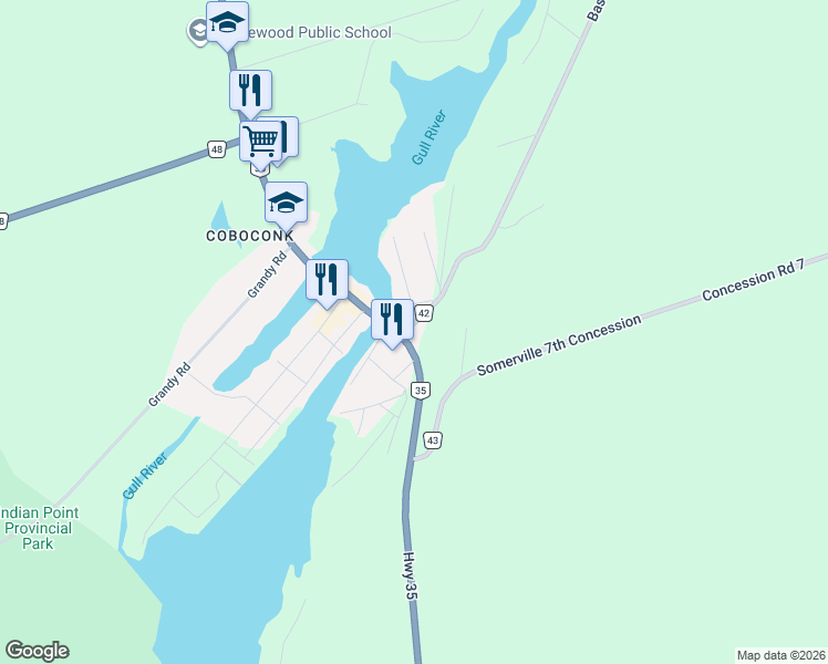 map of restaurants, bars, coffee shops, grocery stores, and more near 6644 Ontario 35 in Kawartha Lakes