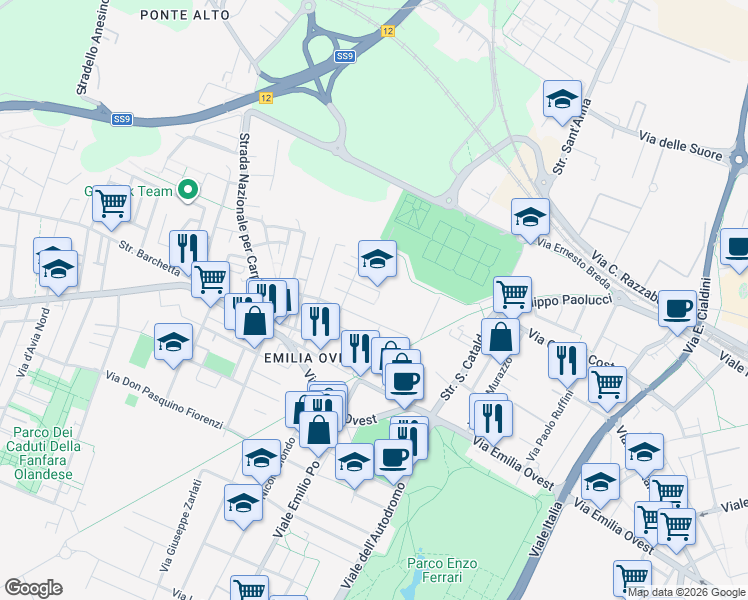 map of restaurants, bars, coffee shops, grocery stores, and more near 45 Via Edmondo De Amicis in Modena