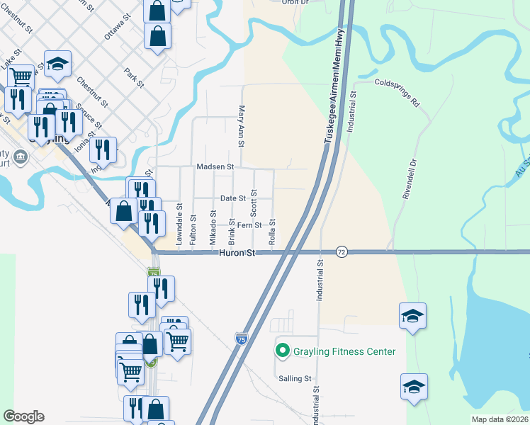 map of restaurants, bars, coffee shops, grocery stores, and more near 305-399 Scott St in Grayling