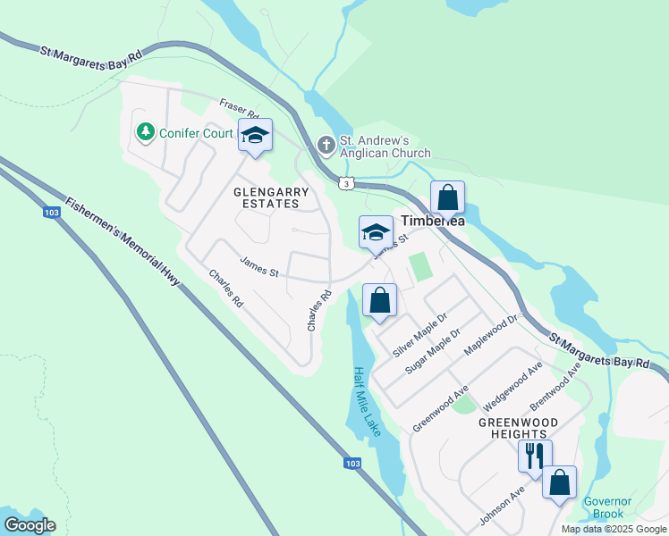 map of restaurants, bars, coffee shops, grocery stores, and more near 108 Forestglen Drive in Timberlea