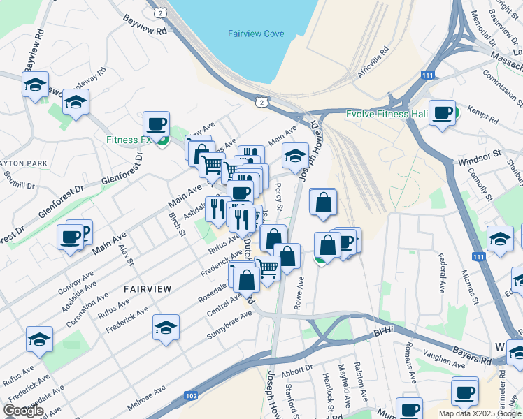 map of restaurants, bars, coffee shops, grocery stores, and more near 3630 Deal Street in Halifax