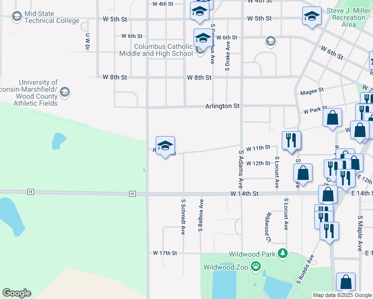 map of restaurants, bars, coffee shops, grocery stores, and more near 1011 West 11th Street in Marshfield