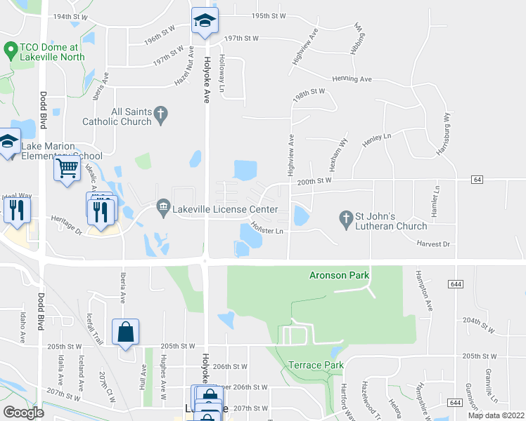 map of restaurants, bars, coffee shops, grocery stores, and more near 20037 Heritage Drive in Lakeville