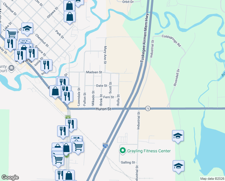 map of restaurants, bars, coffee shops, grocery stores, and more near 305 Scott Street in Grayling