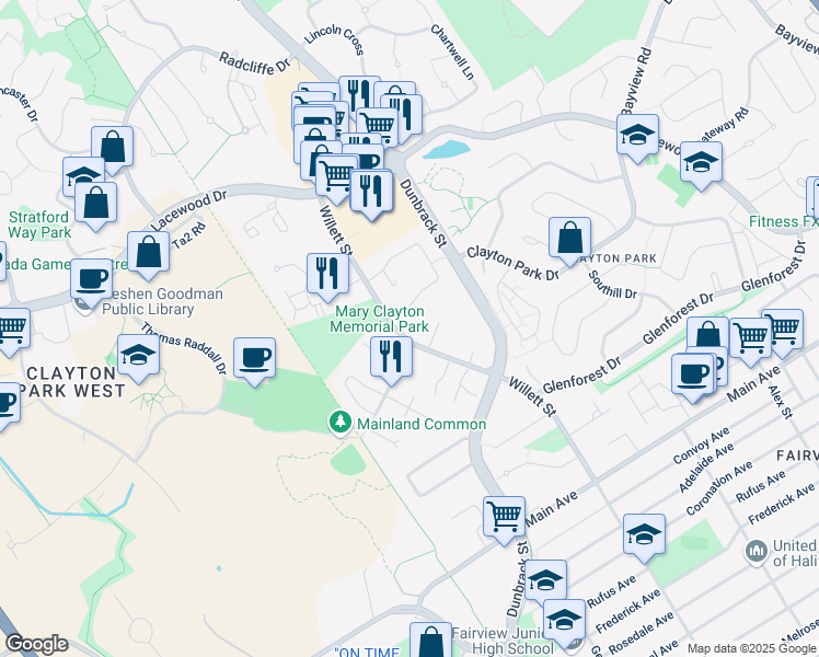 map of restaurants, bars, coffee shops, grocery stores, and more near 5 Harlington Crescent in Halifax