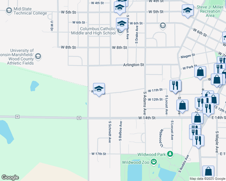 map of restaurants, bars, coffee shops, grocery stores, and more near 1011 West 11th Street in Marshfield