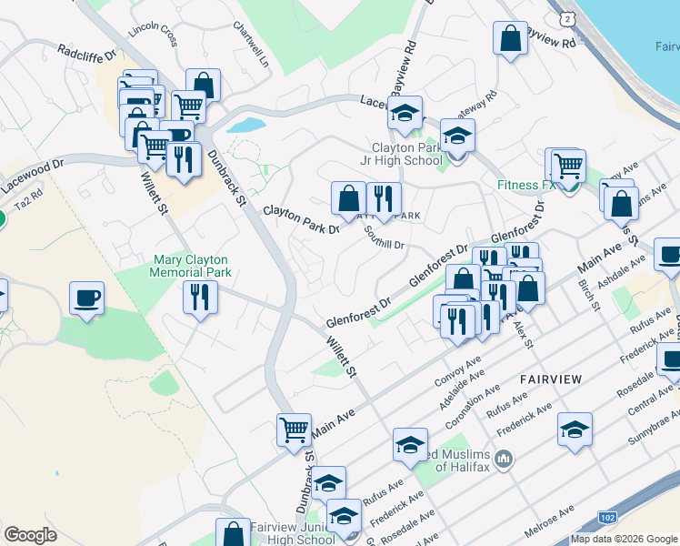 map of restaurants, bars, coffee shops, grocery stores, and more near 77 Tangmere Crescent in Halifax