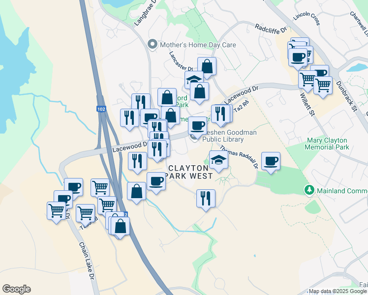 map of restaurants, bars, coffee shops, grocery stores, and more near 10 Regency Park Drive in Halifax