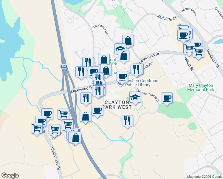 map of restaurants, bars, coffee shops, grocery stores, and more near 10 Regency Park Drive in Halifax