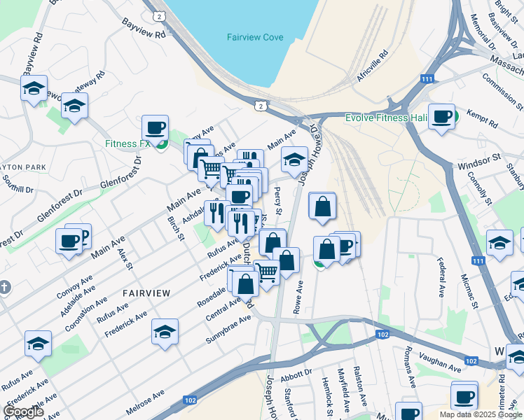 map of restaurants, bars, coffee shops, grocery stores, and more near 3618 Deal Street in Halifax
