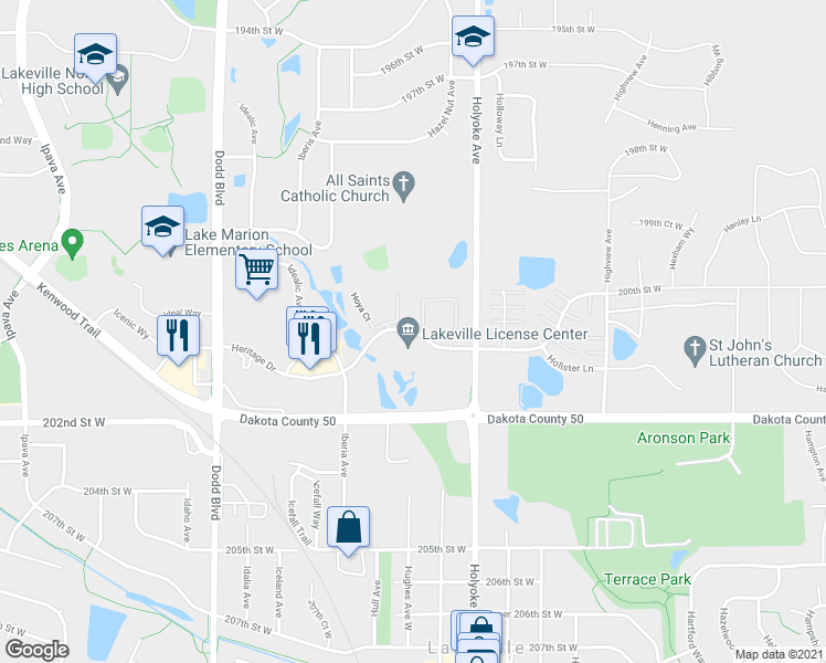 map of restaurants, bars, coffee shops, grocery stores, and more near 20074 Heritage Drive in Lakeville