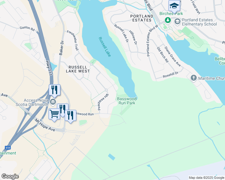 map of restaurants, bars, coffee shops, grocery stores, and more near 297 Freshwater Trail in Dartmouth