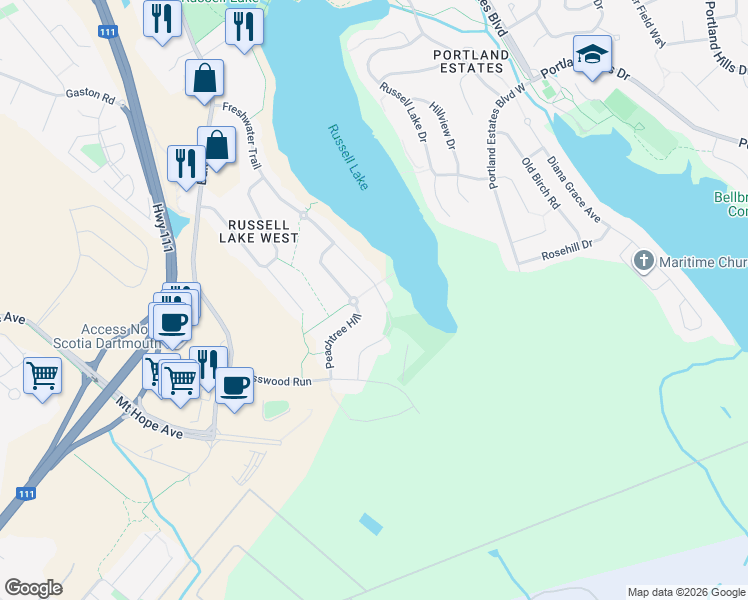 map of restaurants, bars, coffee shops, grocery stores, and more near 297 Freshwater Trail in Dartmouth
