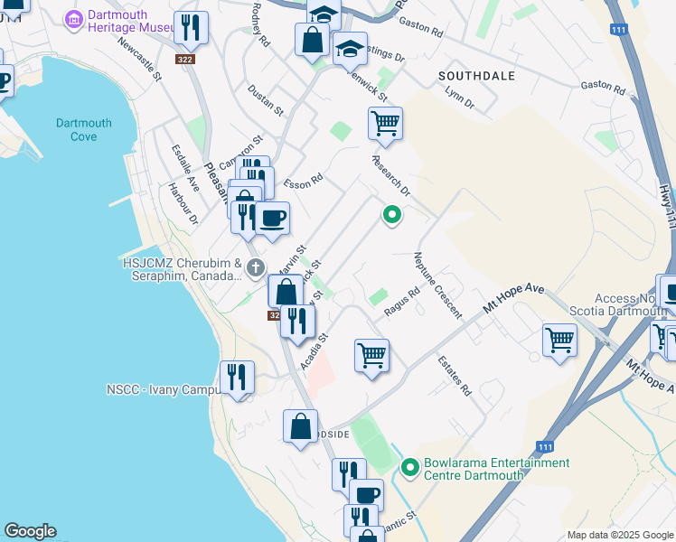 map of restaurants, bars, coffee shops, grocery stores, and more near Renfrew Street in Dartmouth