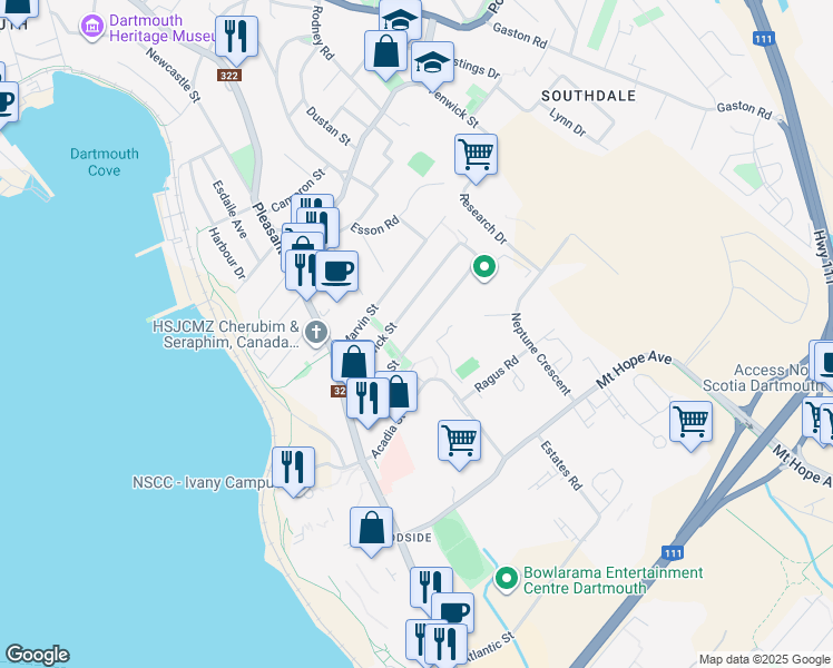 map of restaurants, bars, coffee shops, grocery stores, and more near Renfrew Street in Dartmouth