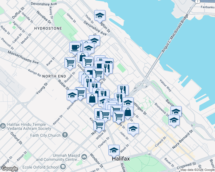 map of restaurants, bars, coffee shops, grocery stores, and more near 2721 Northwood Terrace in Halifax
