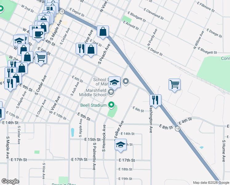 map of restaurants, bars, coffee shops, grocery stores, and more near 699 South Palmetto Avenue in Marshfield