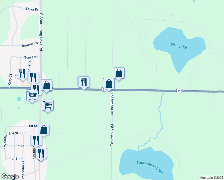 map of restaurants, bars, coffee shops, grocery stores, and more near 2000 Tonawanda Road in Grawn