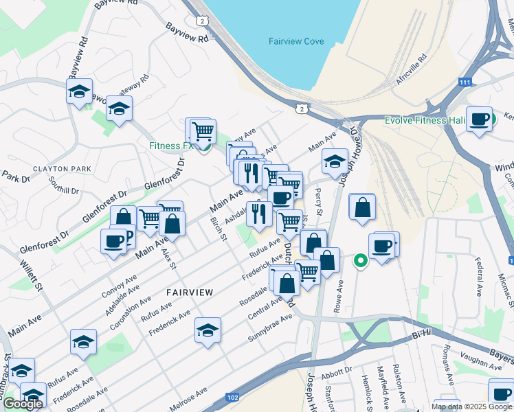 map of restaurants, bars, coffee shops, grocery stores, and more near 8 Ashdale Avenue in Halifax