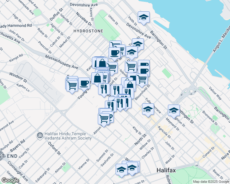 map of restaurants, bars, coffee shops, grocery stores, and more near 5834 Macara Street in Halifax