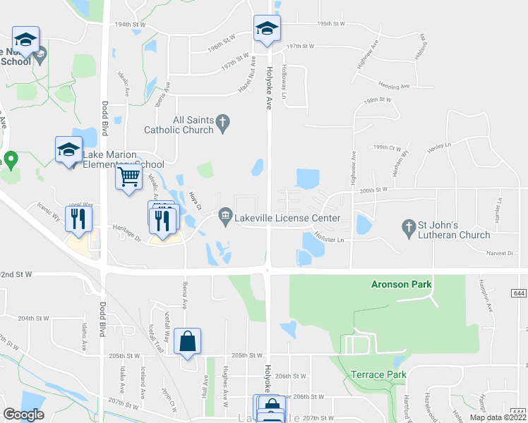 map of restaurants, bars, coffee shops, grocery stores, and more near 20156 Home Fire Way in Lakeville