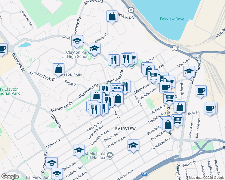 map of restaurants, bars, coffee shops, grocery stores, and more near 150 Evans Avenue in Halifax