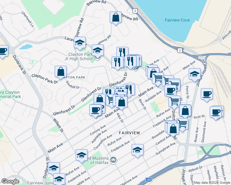 map of restaurants, bars, coffee shops, grocery stores, and more near 150 Evans Avenue in Halifax