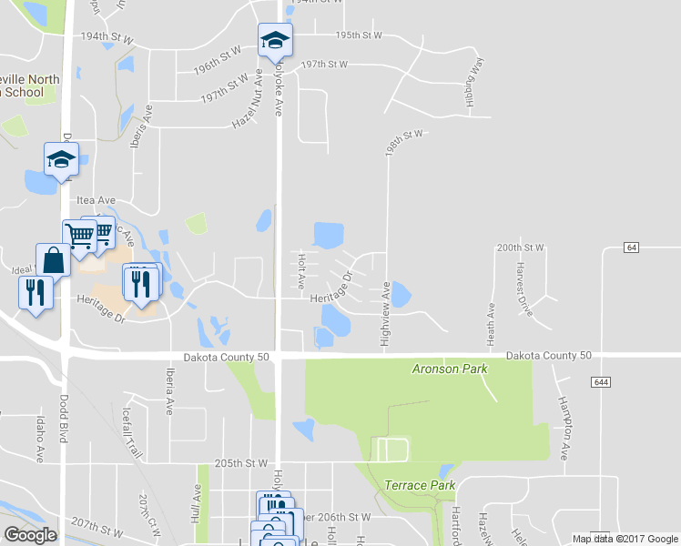 map of restaurants, bars, coffee shops, grocery stores, and more near 20036 Heritage Drive in Lakeville