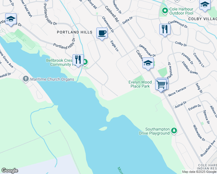 map of restaurants, bars, coffee shops, grocery stores, and more near 12 Aquavista Lane in Dartmouth
