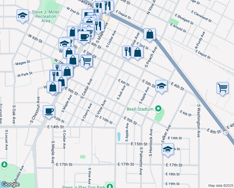 map of restaurants, bars, coffee shops, grocery stores, and more near 608 South Ash Avenue in Marshfield