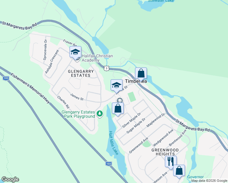 map of restaurants, bars, coffee shops, grocery stores, and more near 27 James Street in Timberlea