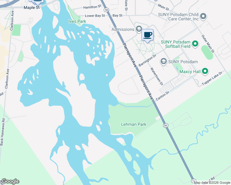 map of restaurants, bars, coffee shops, grocery stores, and more near 14 Hillcrest Dr in Potsdam