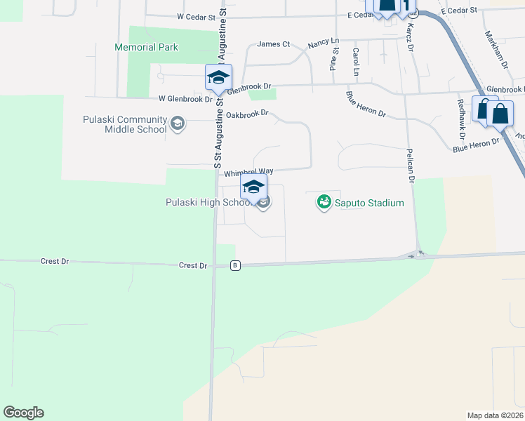 map of restaurants, bars, coffee shops, grocery stores, and more near 1024 South Saint Augustine Street in Pulaski