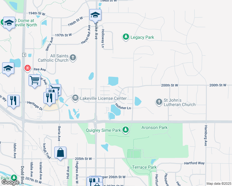 map of restaurants, bars, coffee shops, grocery stores, and more near 20006 Heritage Drive in Lakeville