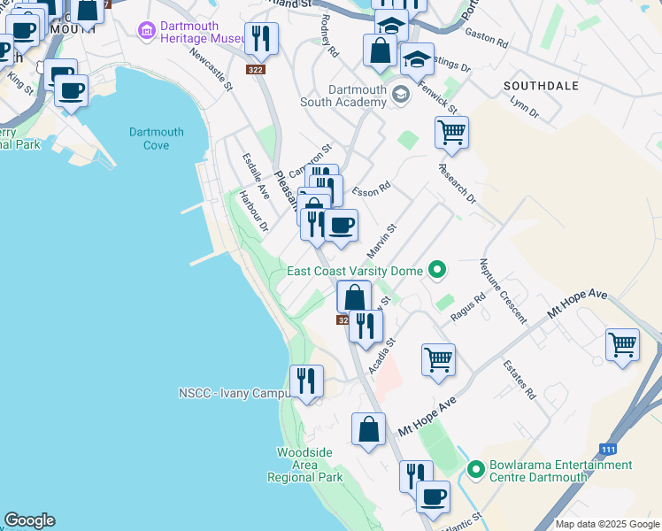 map of restaurants, bars, coffee shops, grocery stores, and more near 229 Pleasant Street in Dartmouth