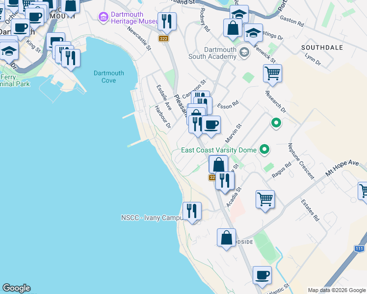 map of restaurants, bars, coffee shops, grocery stores, and more near 12 Arthur Street in Dartmouth