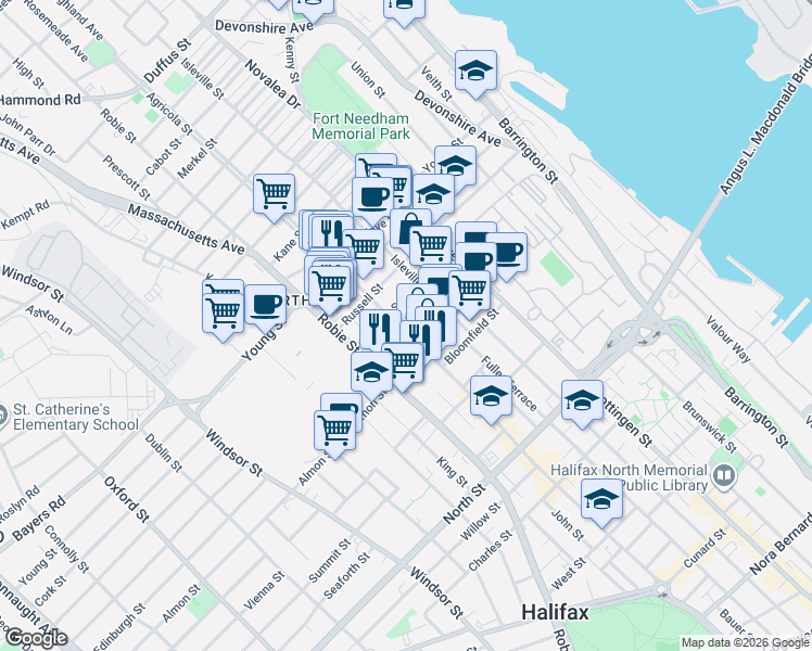 map of restaurants, bars, coffee shops, grocery stores, and more near 2851 Agricola Street in Halifax