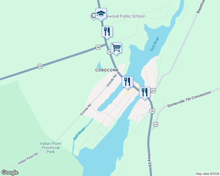 map of restaurants, bars, coffee shops, grocery stores, and more near 9 Grandy Road in Kawartha Lakes