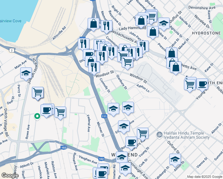 map of restaurants, bars, coffee shops, grocery stores, and more near 6461 Dudley Street in Halifax