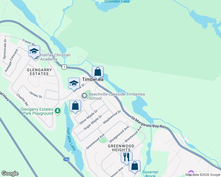 map of restaurants, bars, coffee shops, grocery stores, and more near 2395 Saint Margarets Bay Road in Timberlea