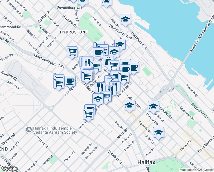 map of restaurants, bars, coffee shops, grocery stores, and more near 2851 Agricola Street in Halifax