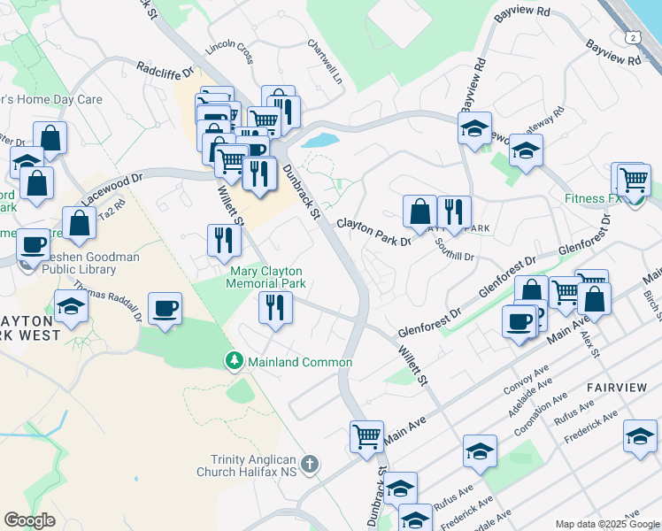 map of restaurants, bars, coffee shops, grocery stores, and more near 241 Willett Street in Halifax