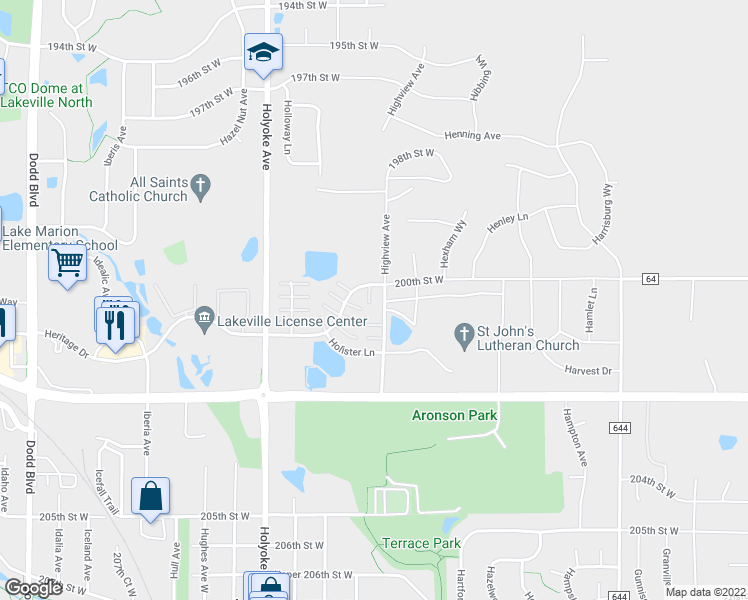 map of restaurants, bars, coffee shops, grocery stores, and more near 20005 Heritage Drive in Lakeville