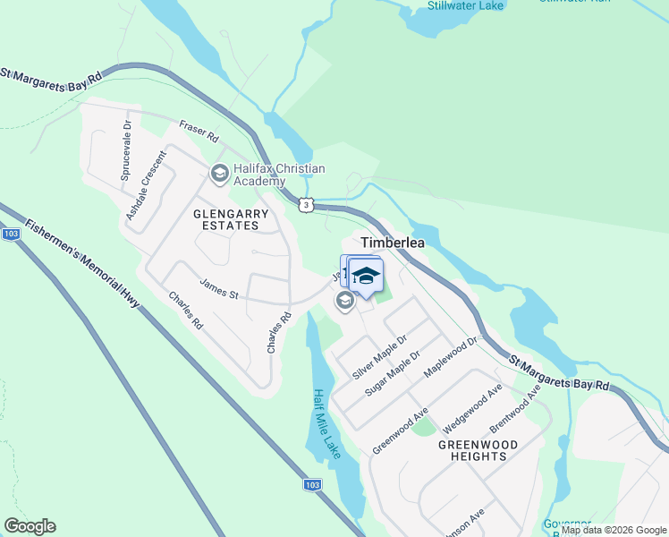 map of restaurants, bars, coffee shops, grocery stores, and more near 21 James Street in Timberlea
