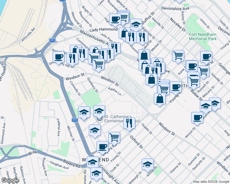 map of restaurants, bars, coffee shops, grocery stores, and more near 3352 Windsor Street in Halifax