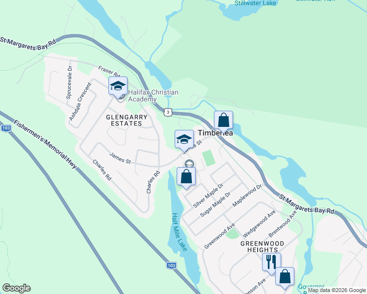 map of restaurants, bars, coffee shops, grocery stores, and more near 21 James Street in Timberlea